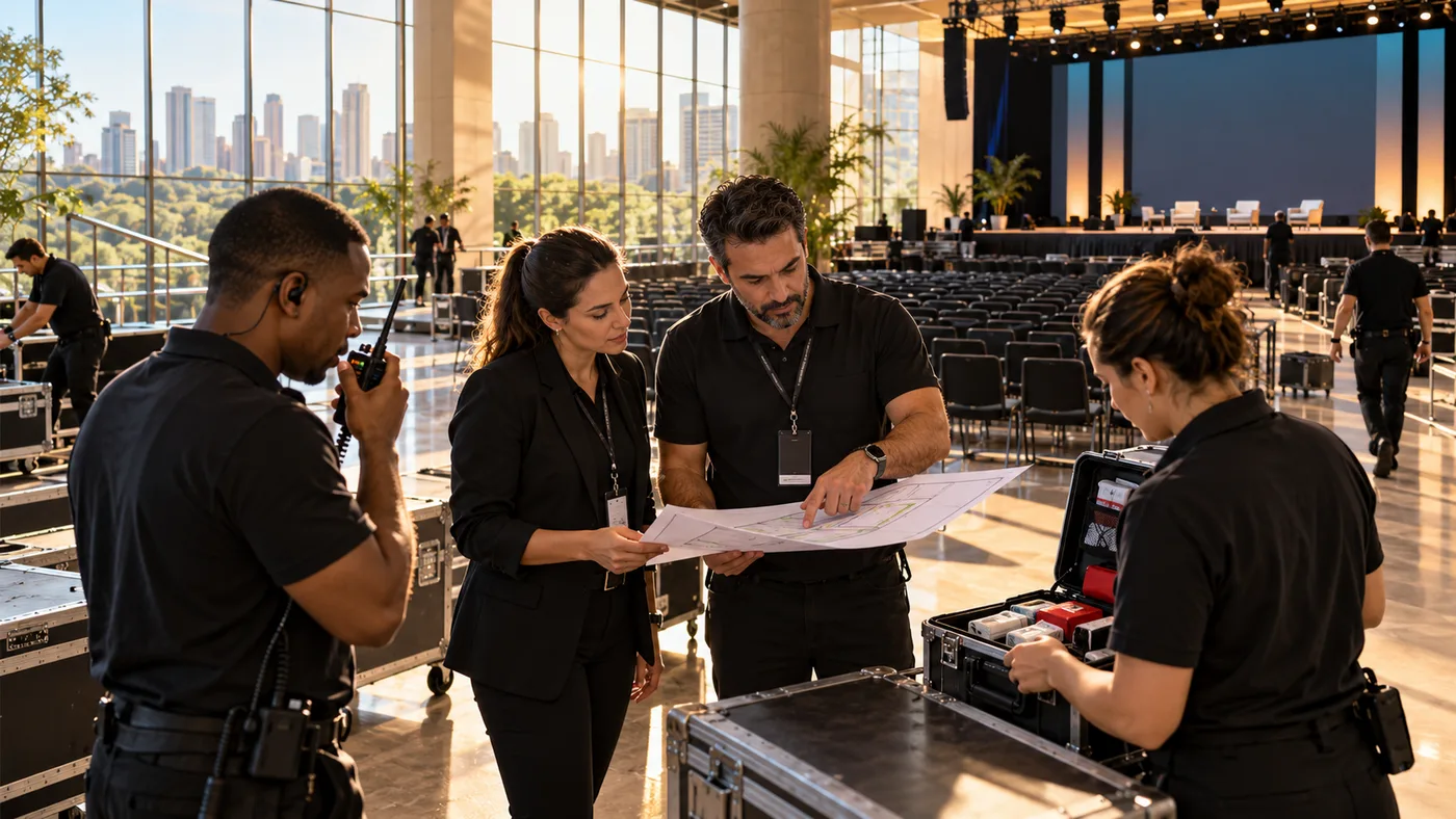 Equipe de produção revisa um mapa operacional e equipamentos antes de um evento empresarial em um centro de convenções de Goiânia.