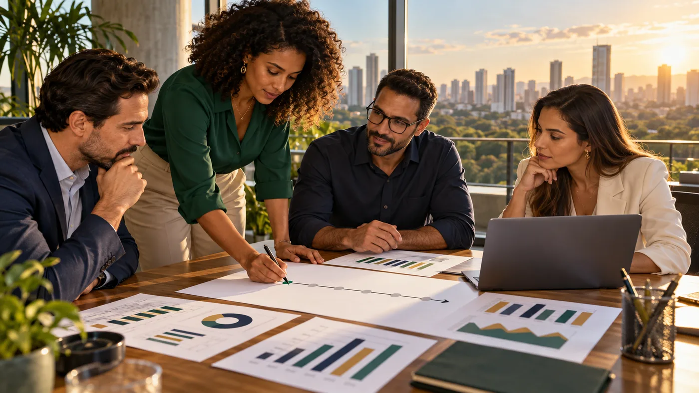 Equipe de empresários em Goiânia registra indicadores iniciais em gráficos e uma linha do tempo antes de acompanhar resultados.